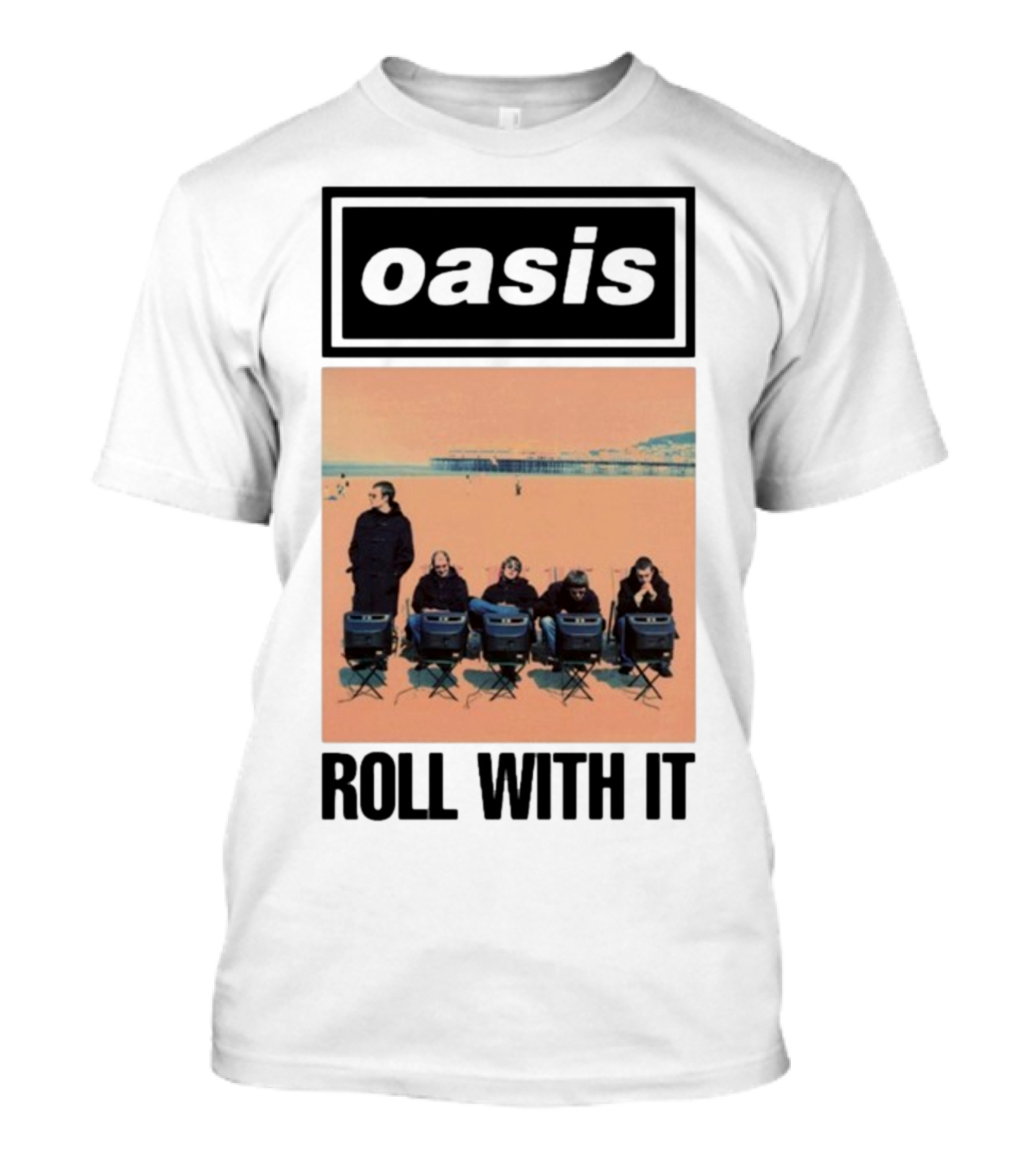 Oasis Roll With It Single Beach Scene Retro Style T-Shirt