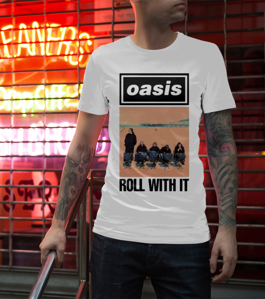 Oasis Roll With It Single Beach Scene Retro Style T-Shirt