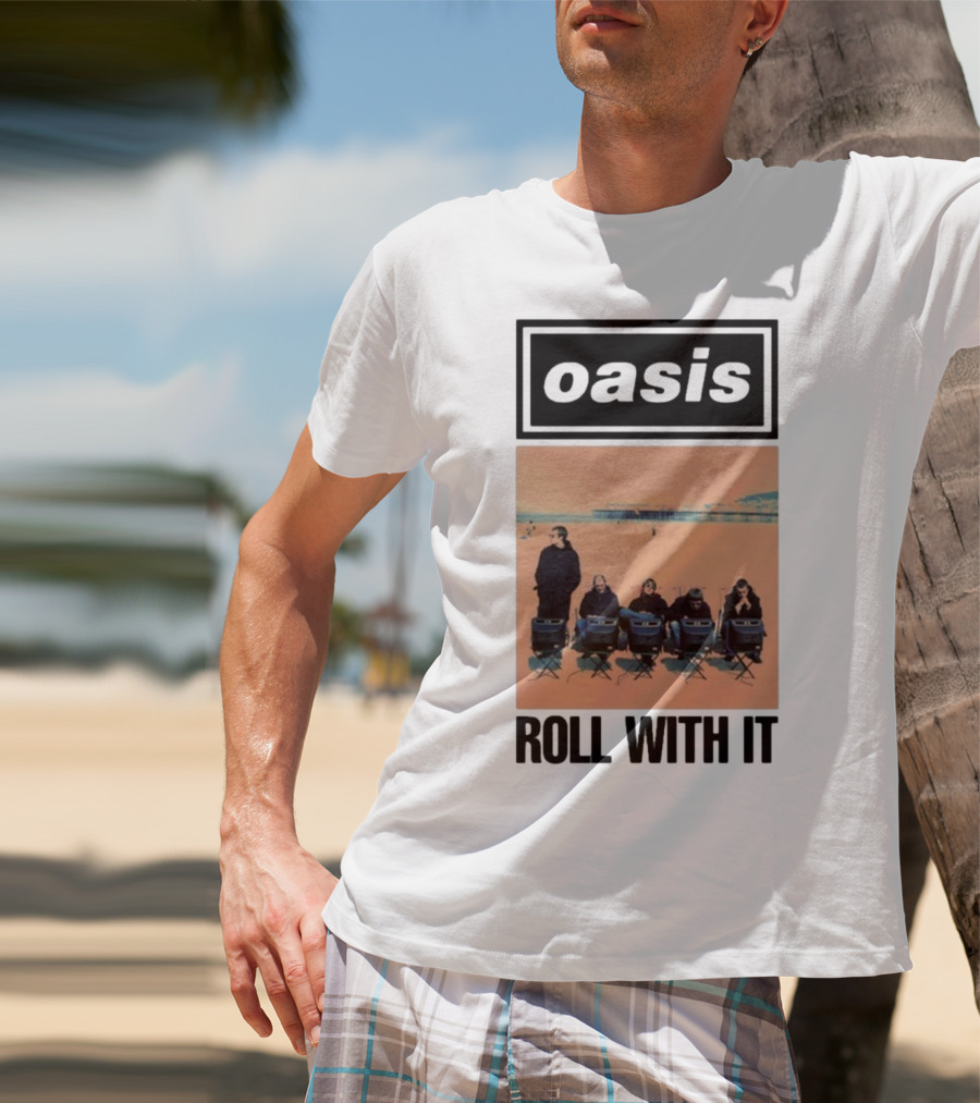 Oasis Roll With It Single Beach Scene Retro Style T-Shirt