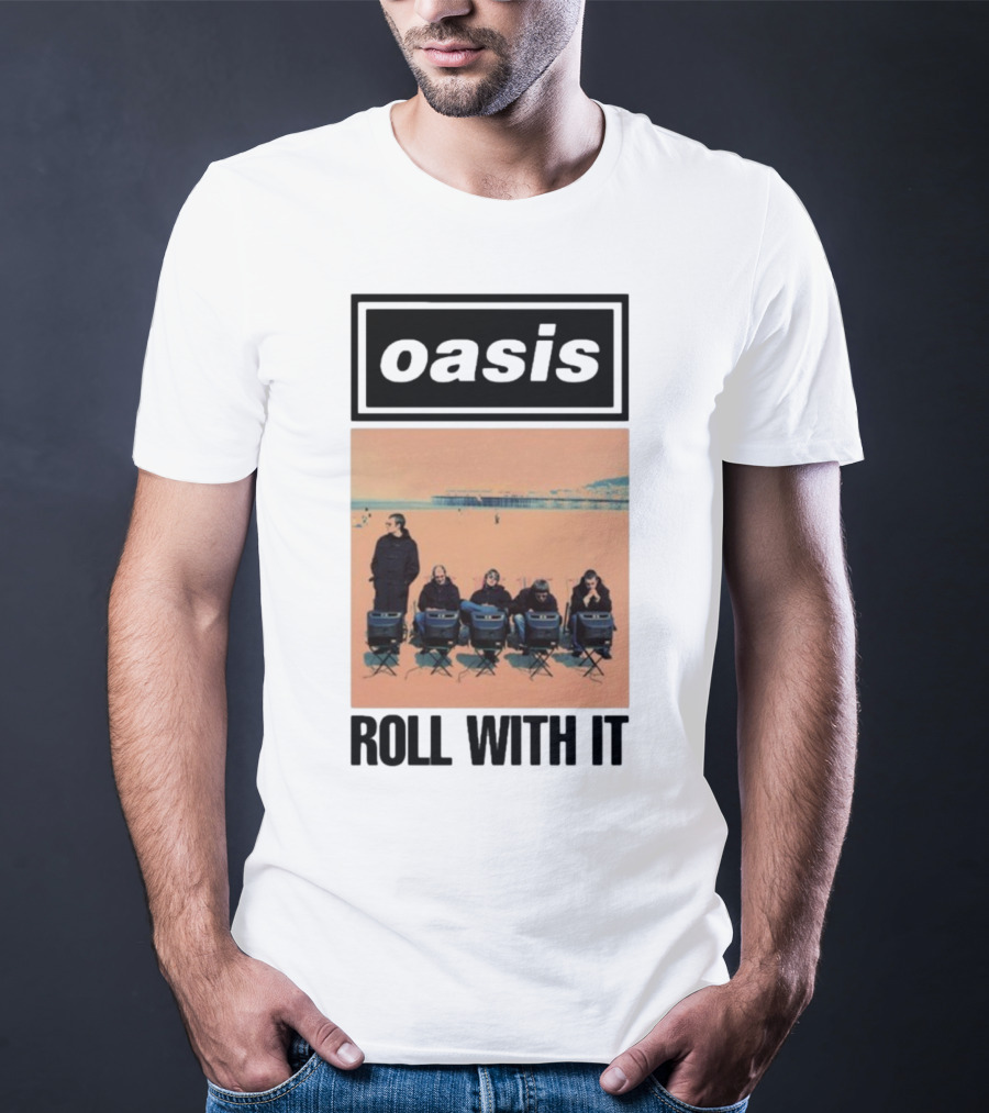 Oasis Roll With It Single Beach Scene Retro Style T-Shirt