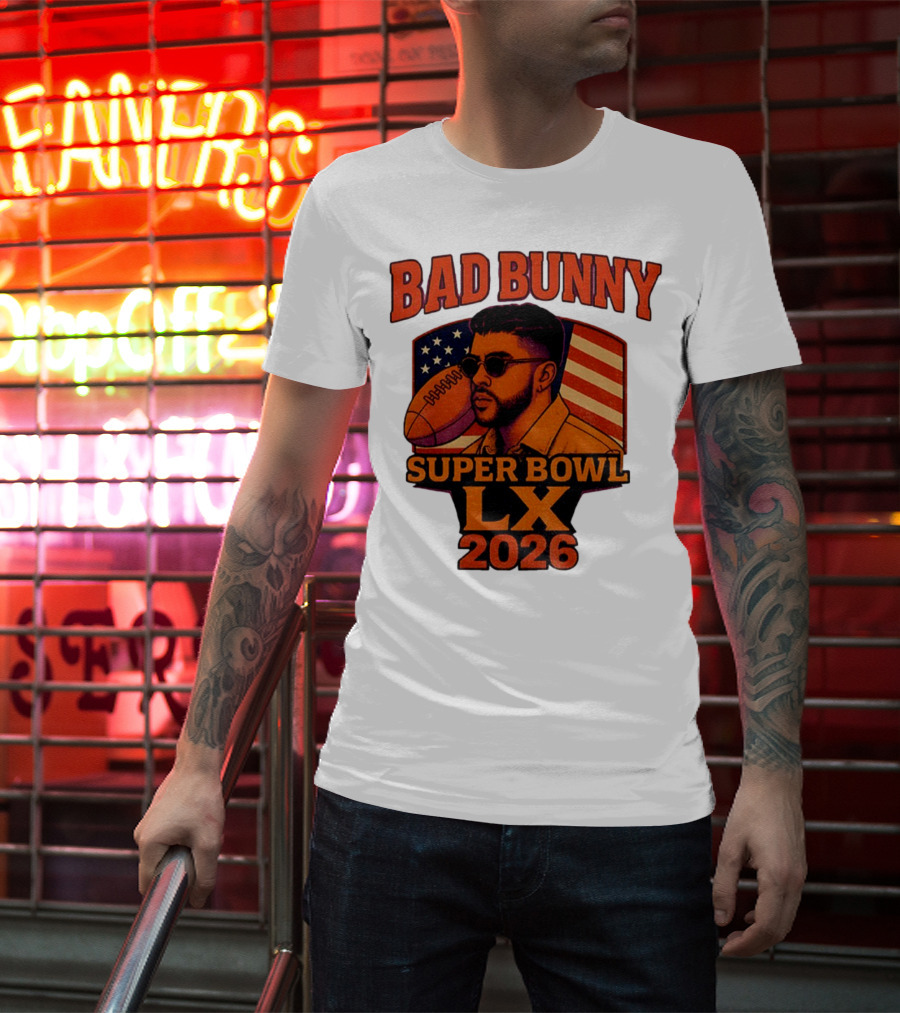 Bad Bunny Super Bowl LX 2026 American Flag Football Graphic T-Shirt