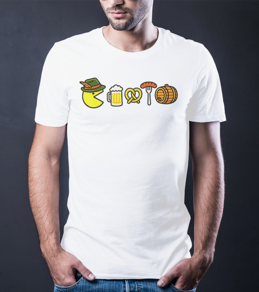 Pac-Man Oktoberfest Beer Pretzel Sausage Barrel Icons T-Shirt