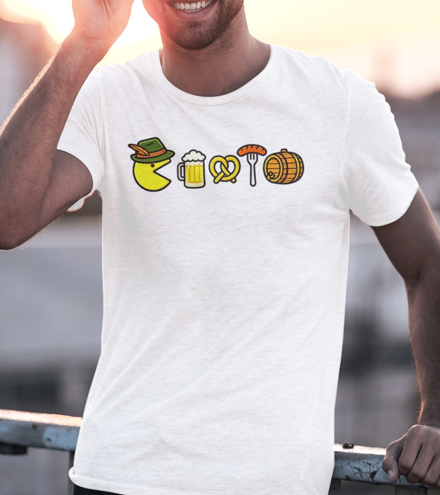 Pac-Man Oktoberfest Beer Pretzel Sausage Barrel Icons T-Shirt