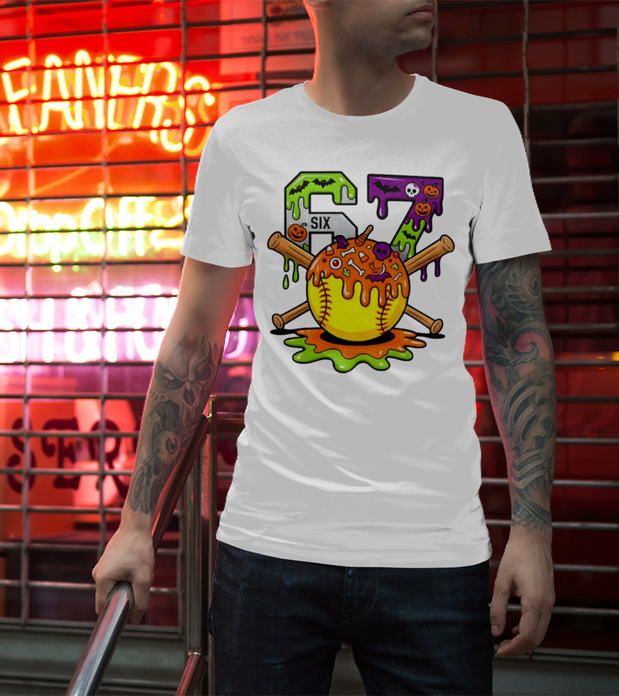 Halloween Softball 67 Six Seven Dripping Bats Pumpkins Bones Skull T-Shirt