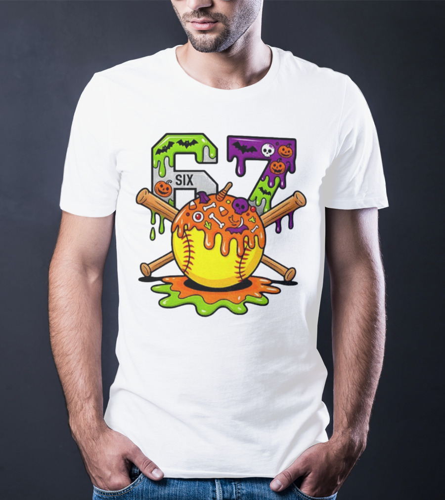 Halloween Softball 67 Six Seven Dripping Bats Pumpkins Bones Skull T-Shirt