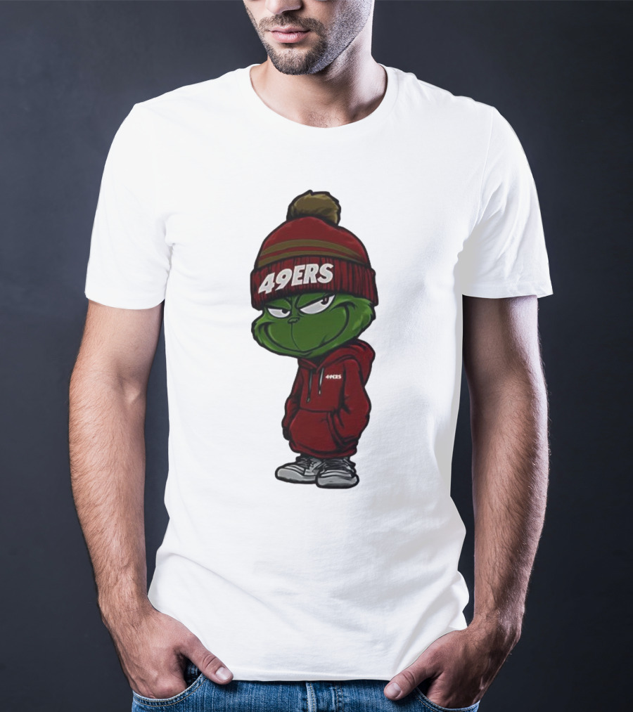 Grinch Wearing 49ers Beanie And San Francisco Football Crossover T-Shirt