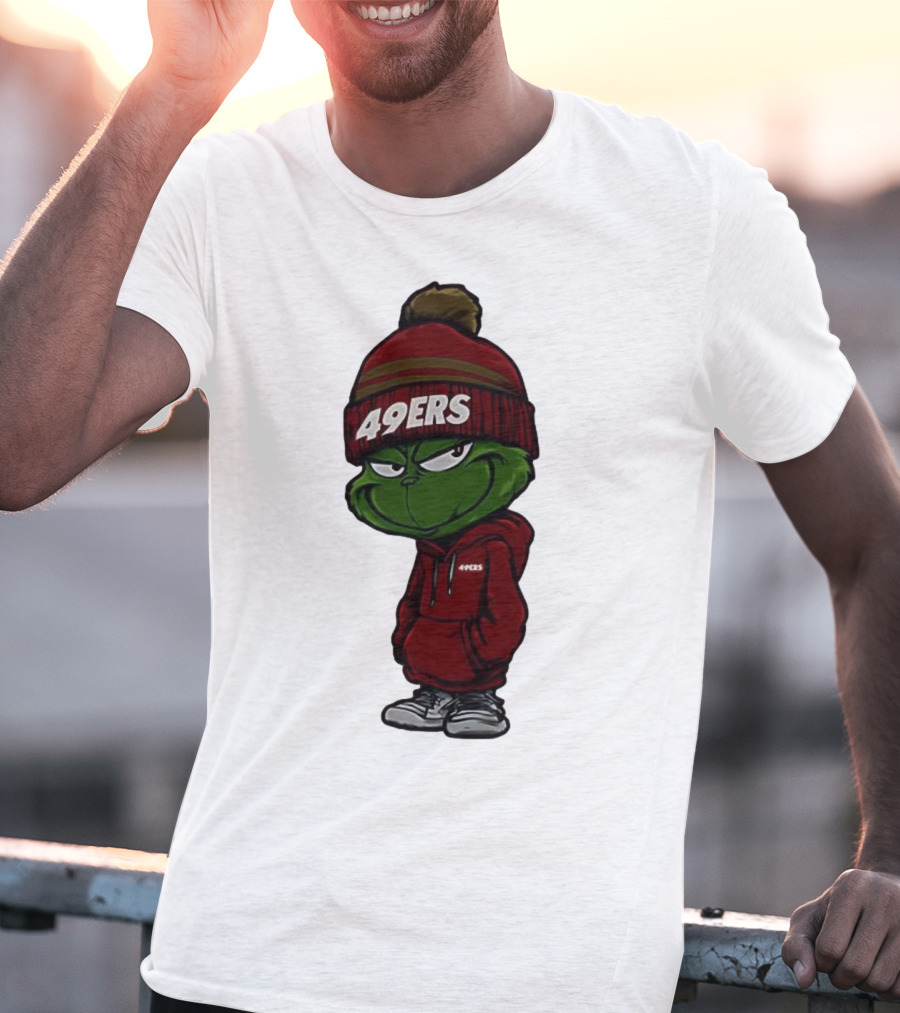 Grinch Wearing 49ers Beanie And San Francisco Football Crossover T-Shirt