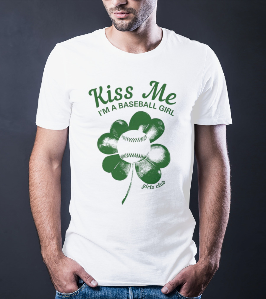 Kiss Me I'm A Baseball Girl Four Leaf Clover Stitch Lines T-Shirt