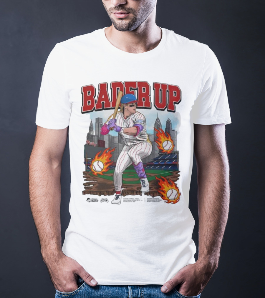 Bader Up Baseball Player Philadelphia Skyline And Flaming Baseballs T-Shirt