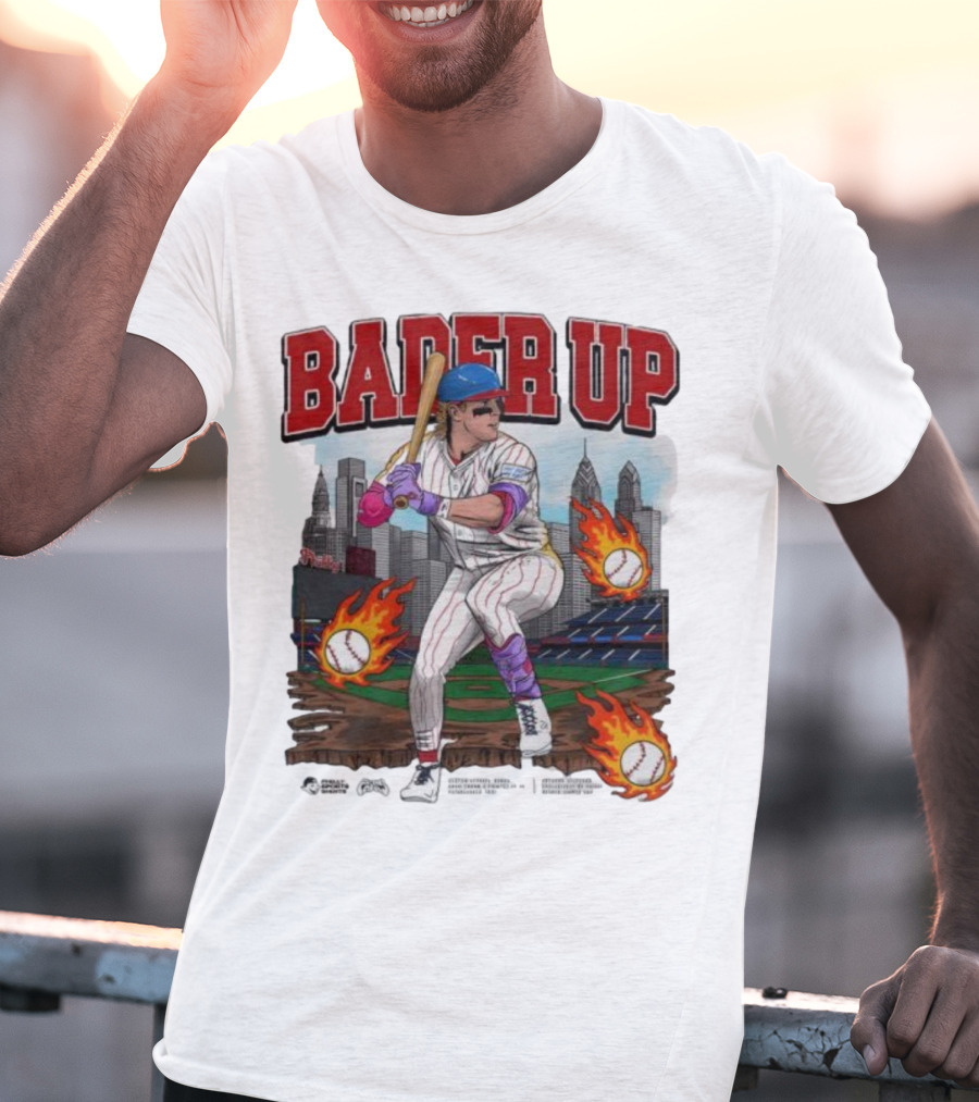 Bader Up Baseball Player Philadelphia Skyline And Flaming Baseballs T-Shirt