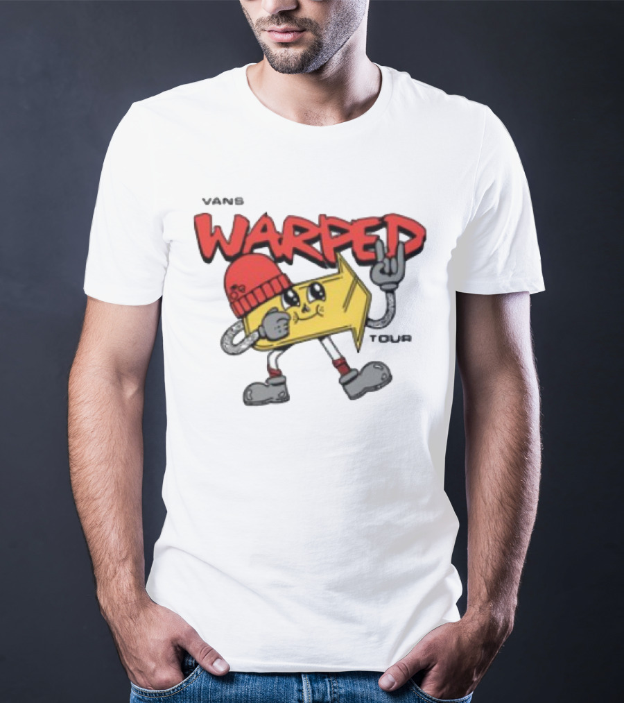 Vans Warped Tour Yellow Arrow Mascot With Red Beanie And Rock Gesture T-Shirt