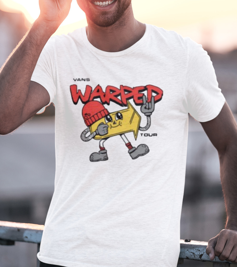 Vans Warped Tour Yellow Arrow Mascot With Red Beanie And Rock Gesture T-Shirt