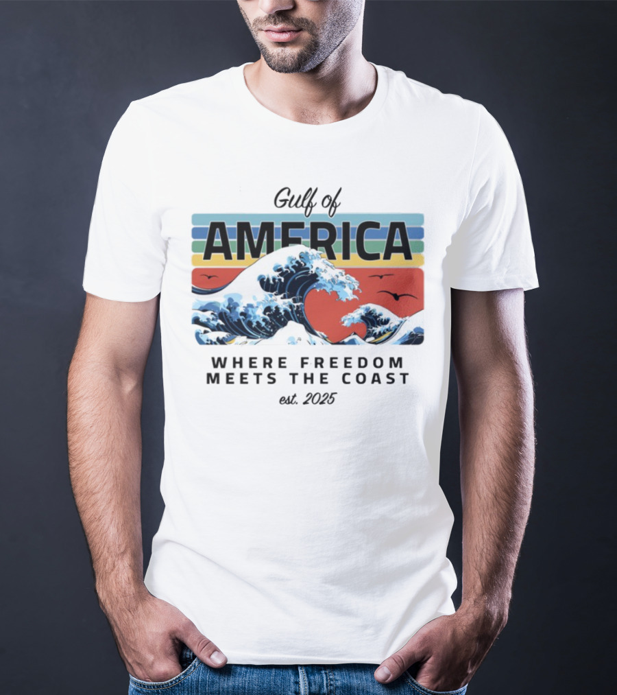 Gulf Of America Where Freedom Meets The Coast Est. 2025 Waves And Sunset Scene T-Shirt