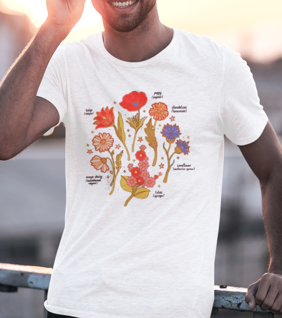 Botanical Revival Tulip Poppy Daisy Cosmos Lavender Floral Arrangement T-Shirt