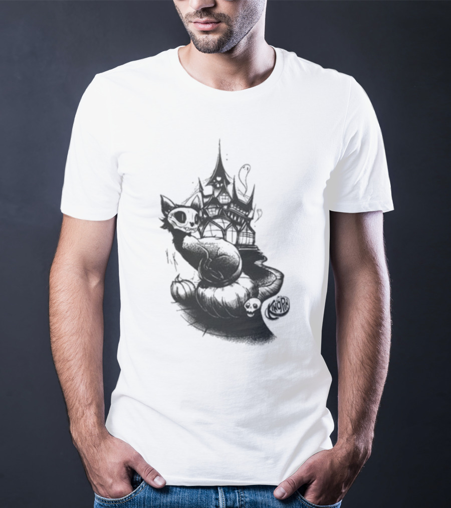 Kingpin Skelecat Haunt By Kellan Horner Ghostly Cat With Crown And Smoke T-Shirt