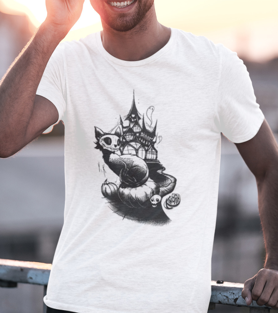 Kingpin Skelecat Haunt By Kellan Horner Ghostly Cat With Crown And Smoke T-Shirt