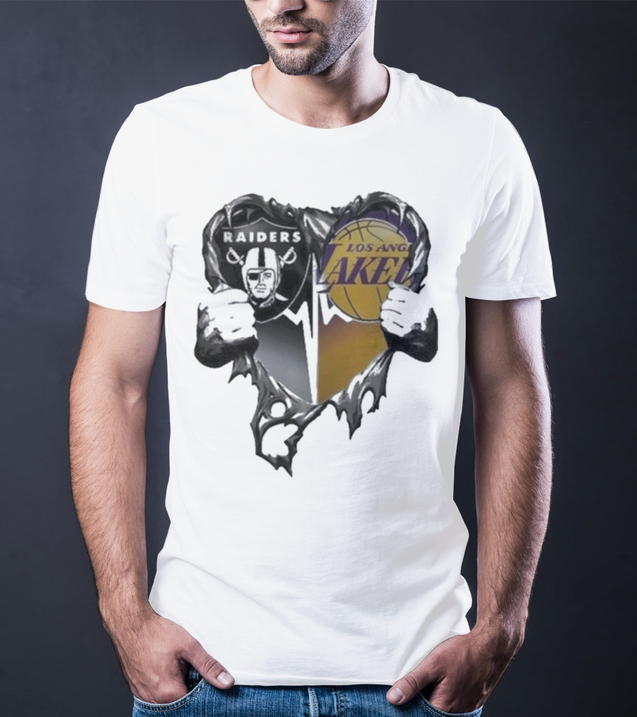 Las Vegas Raiders Los Angeles Lakers Heart Design T-Shirt