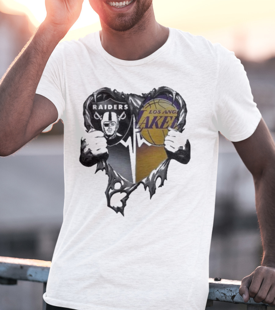 Las Vegas Raiders Los Angeles Lakers Heart Design T-Shirt