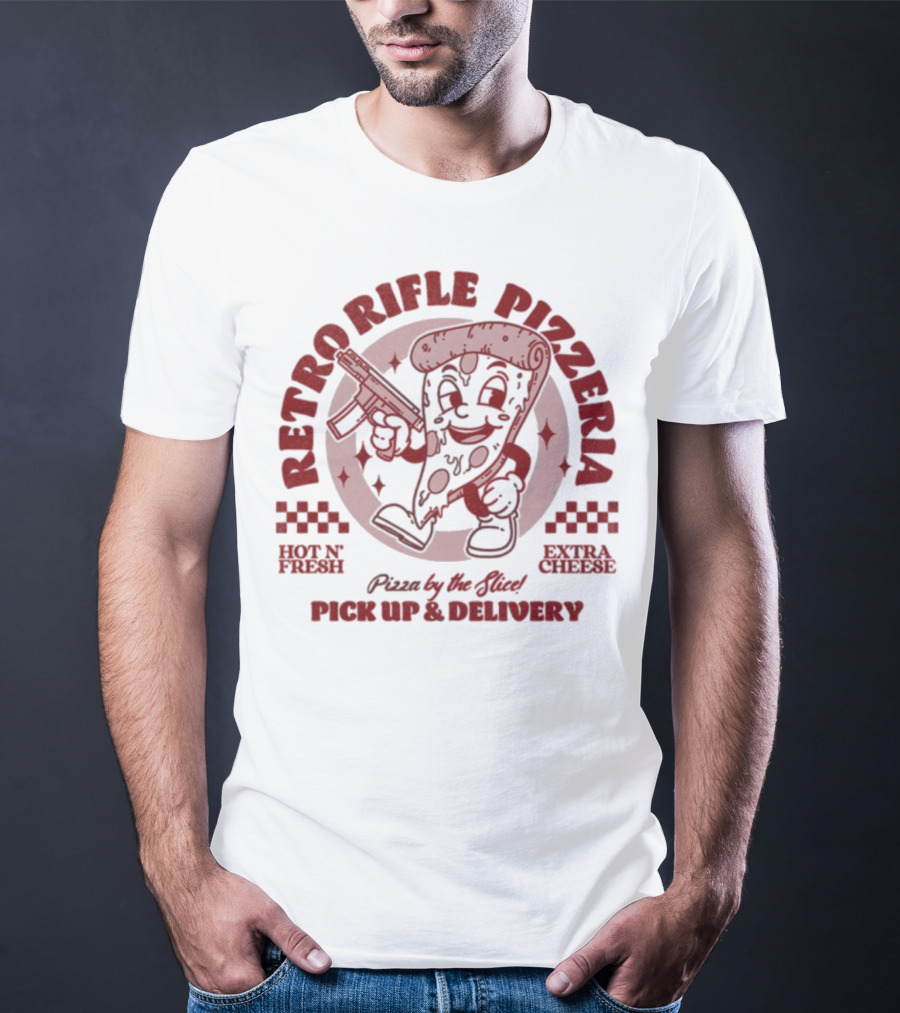 Retro Rifle Pizzeria Pick Up And Delivery Hot N Fresh Extra Cheese Pizza By The Slice T-Shirt