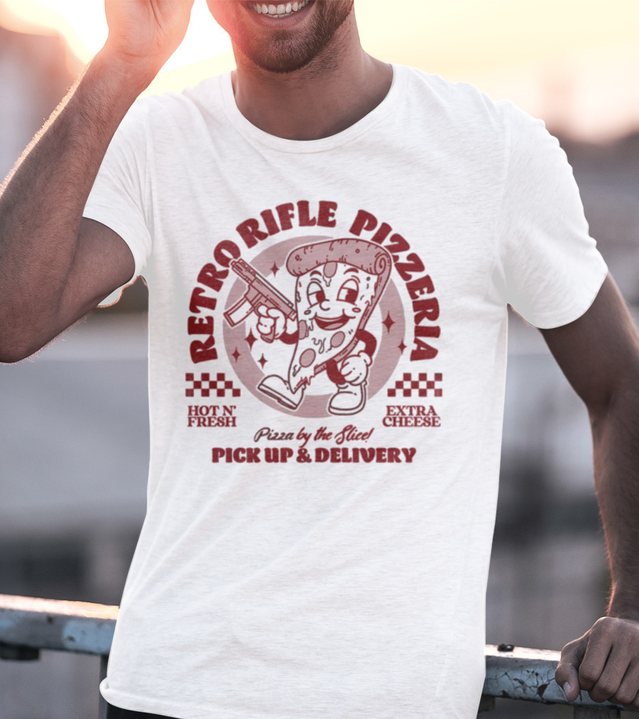 Retro Rifle Pizzeria Pick Up And Delivery Hot N Fresh Extra Cheese Pizza By The Slice T-Shirt