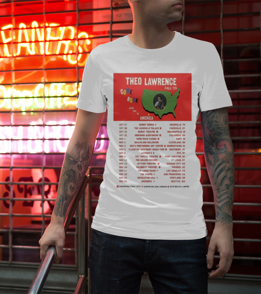 Theo Lawrence Fall 2025 Come Rock With Me In America Tour Dates And Cities T-Shirt