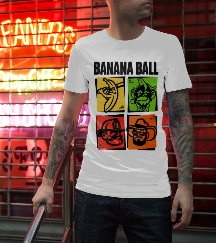 Banana Ball 2025 Cowboy Firefighter Joker Swordsman Icons Est 2016 2020 2024 2025 T-Shirt