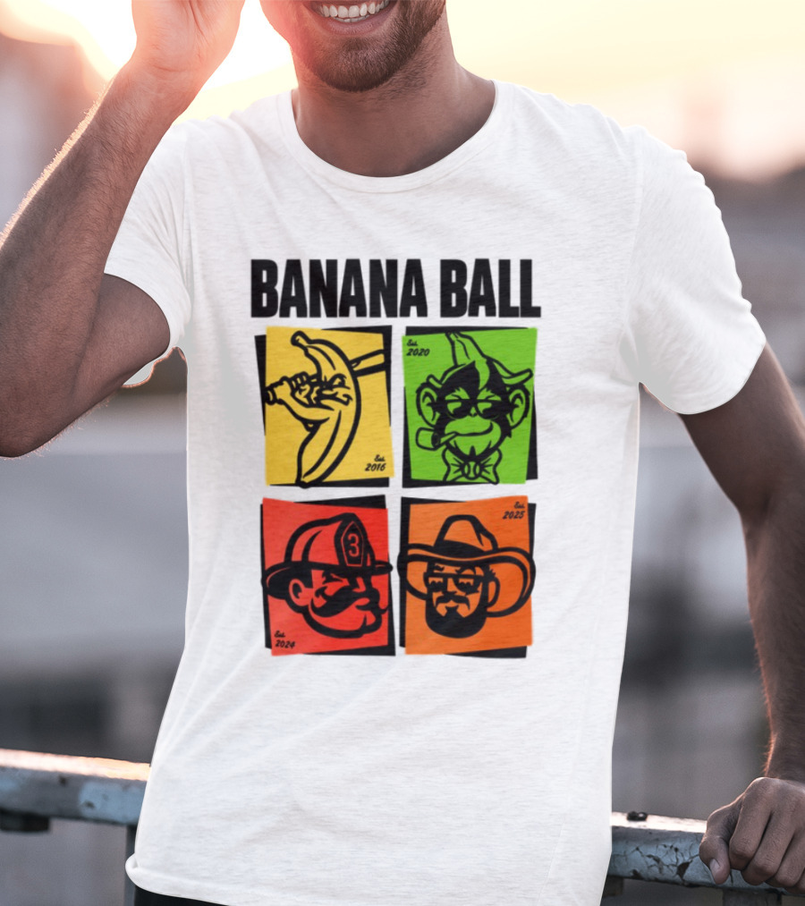 Banana Ball 2025 Cowboy Firefighter Joker Swordsman Icons Est 2016 2020 2024 2025 T-Shirt