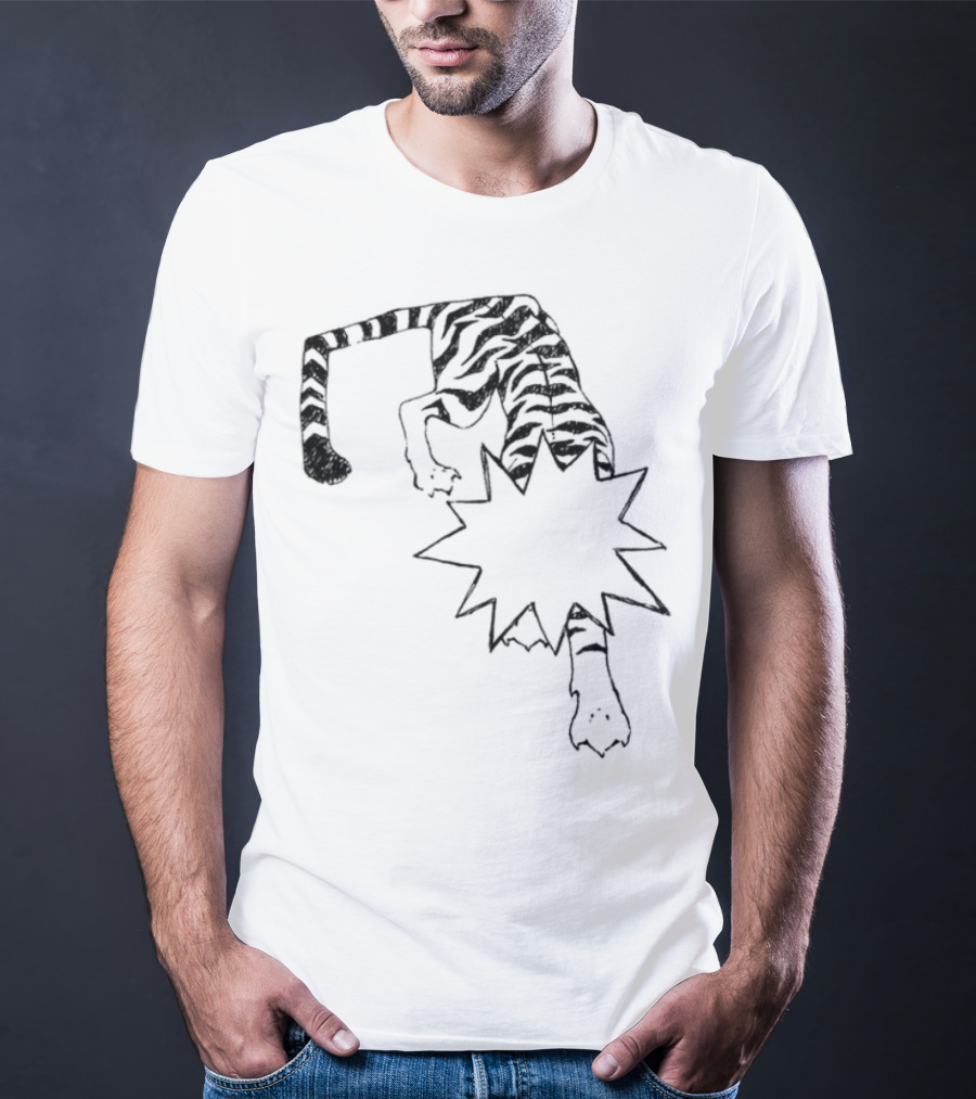 Cody Guaranteedaudio Tiger Illustration Black And White Dynamic Pouncing Feline With Bold Outline T-Shirt