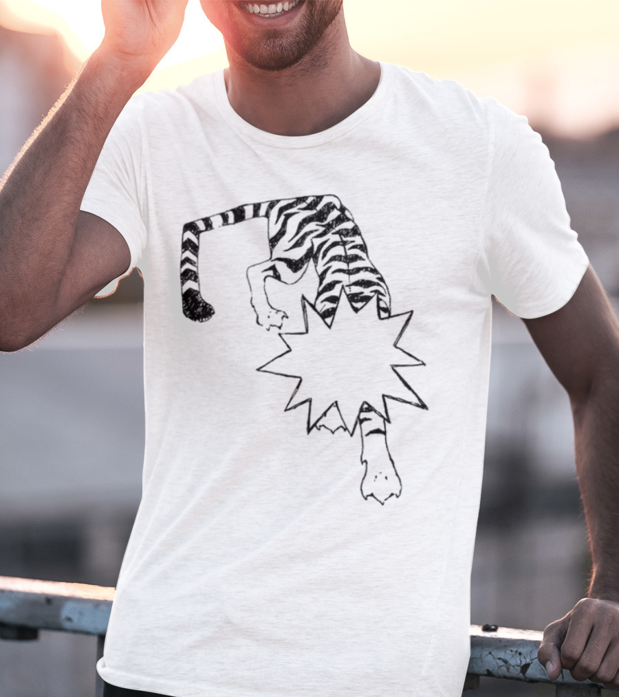 Cody Guaranteedaudio Tiger Illustration Black And White Dynamic Pouncing Feline With Bold Outline T-Shirt