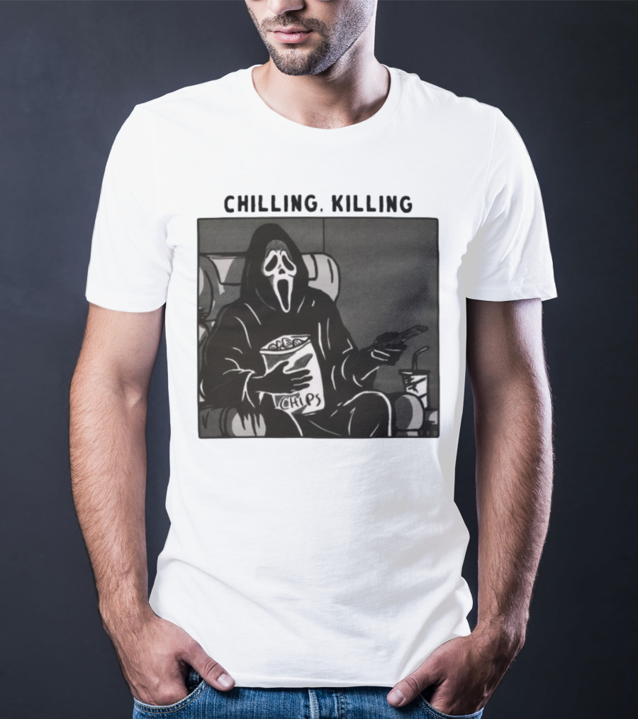 Ghost Face Chips Chilling Killing Movie Night Vibes T-Shirt