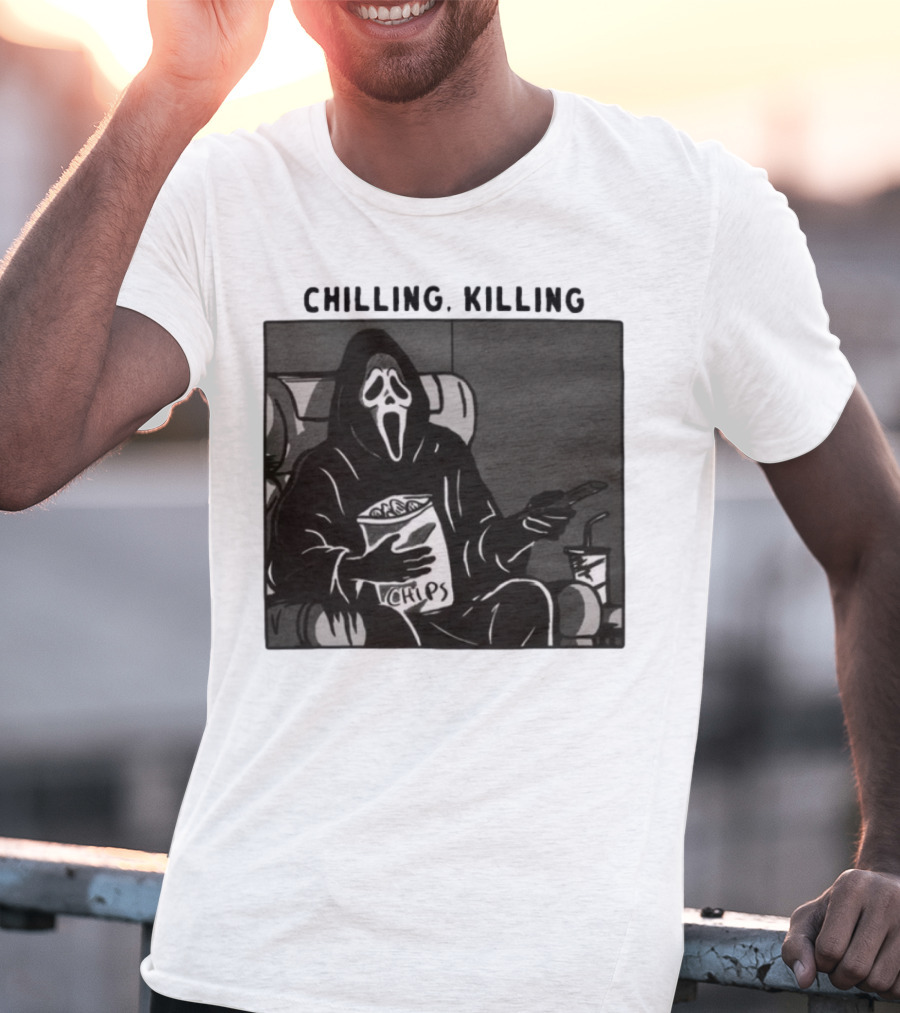 Ghost Face Chips Chilling Killing Movie Night Vibes T-Shirt
