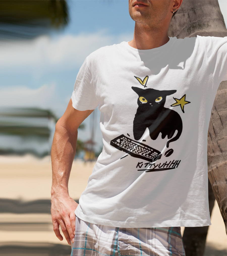 Kittyuhhh Cat At Keyboard With Yellow Eyes And Stars T-Shirt