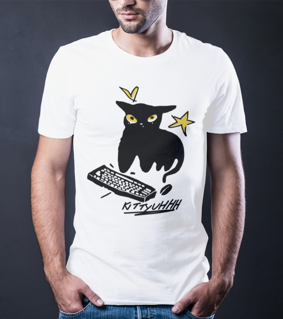 Kittyuhhh Cat At Keyboard With Yellow Eyes And Stars T-Shirt