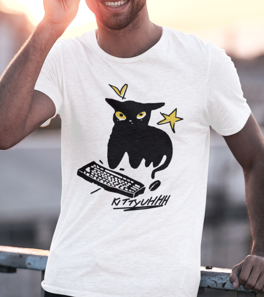 Kittyuhhh Cat At Keyboard With Yellow Eyes And Stars T-Shirt