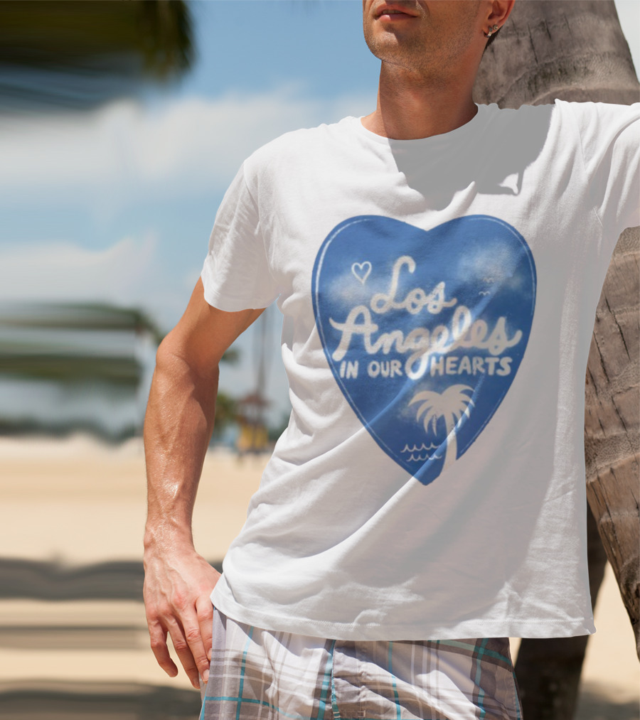 Los Angeles In Our Hearts Blue Heart With Palm Tree And Waves T-Shirt