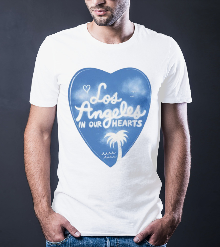 Los Angeles In Our Hearts Blue Heart With Palm Tree And Waves T-Shirt