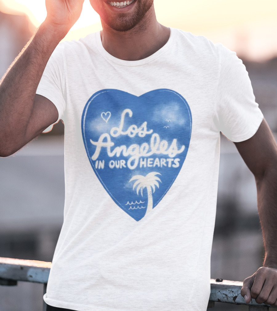Los Angeles In Our Hearts Blue Heart With Palm Tree And Waves T-Shirt