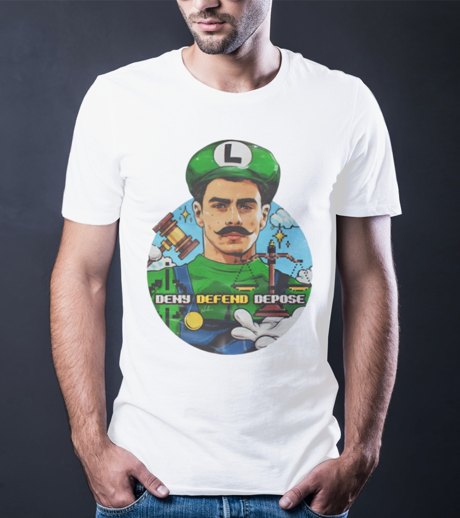 Luigi Mangione Deny Defend Depose Mario Bros Inspired Courtroom Adventure T-Shirt