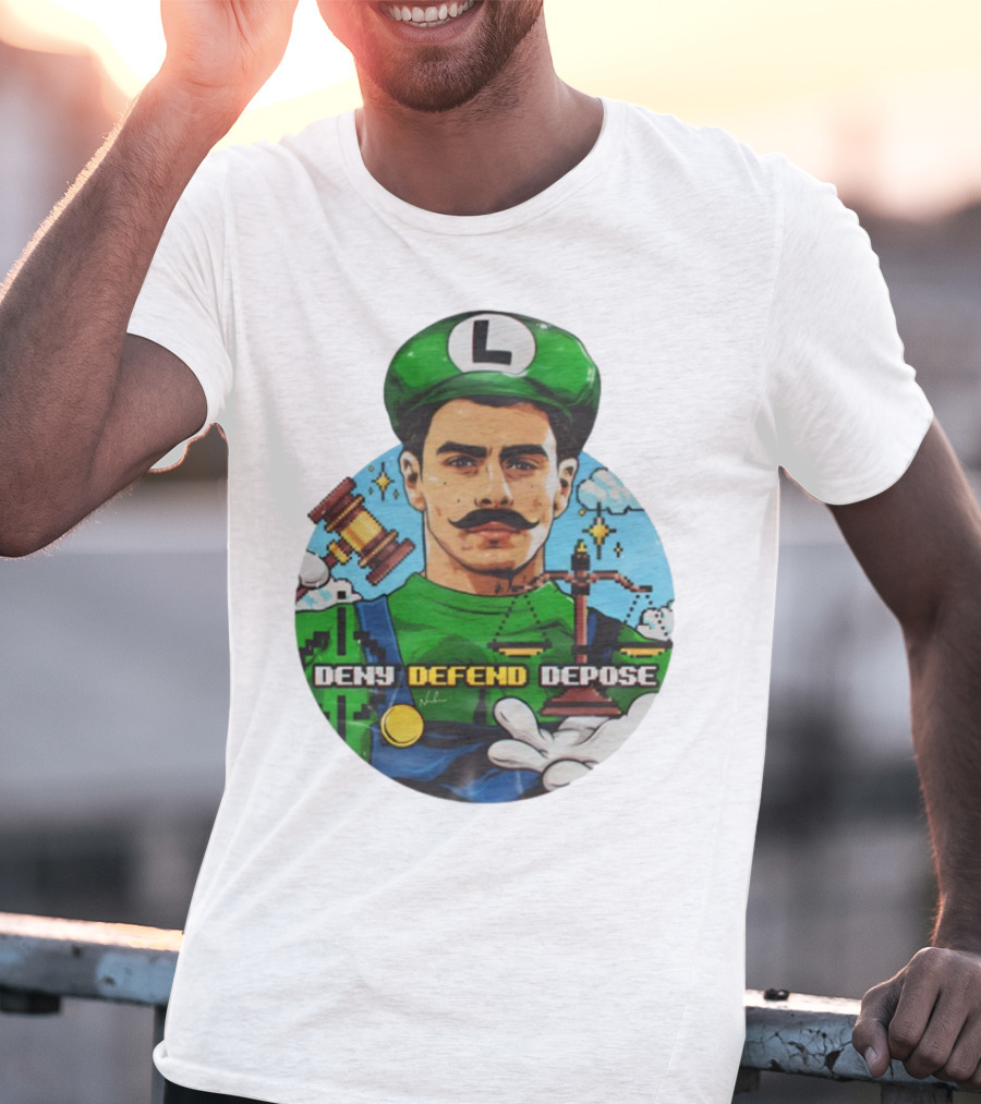Luigi Mangione Deny Defend Depose Mario Bros Inspired Courtroom Adventure T-Shirt