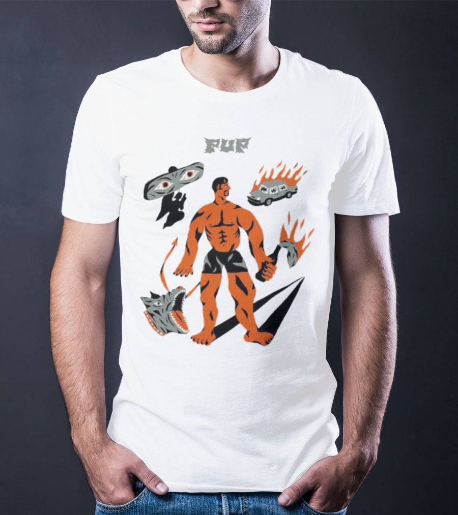 Pup Muscle Man Flaming Car And Wolf T-Shirt