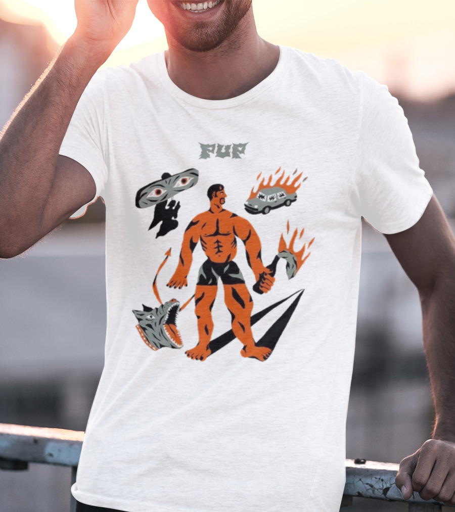 Pup Muscle Man Flaming Car And Wolf T-Shirt