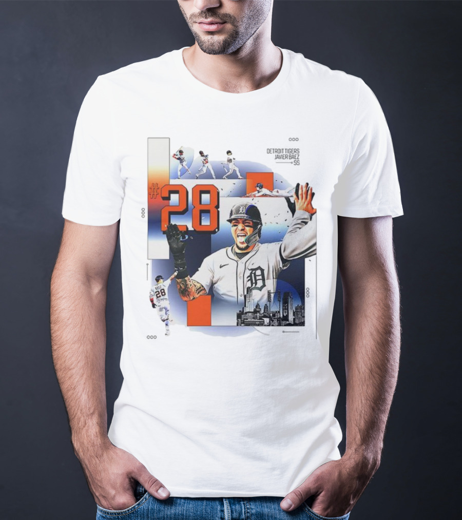Javier Báez Detroit Tigers Number 28 Baseball Action High Five Urban Skyline T-Shirt