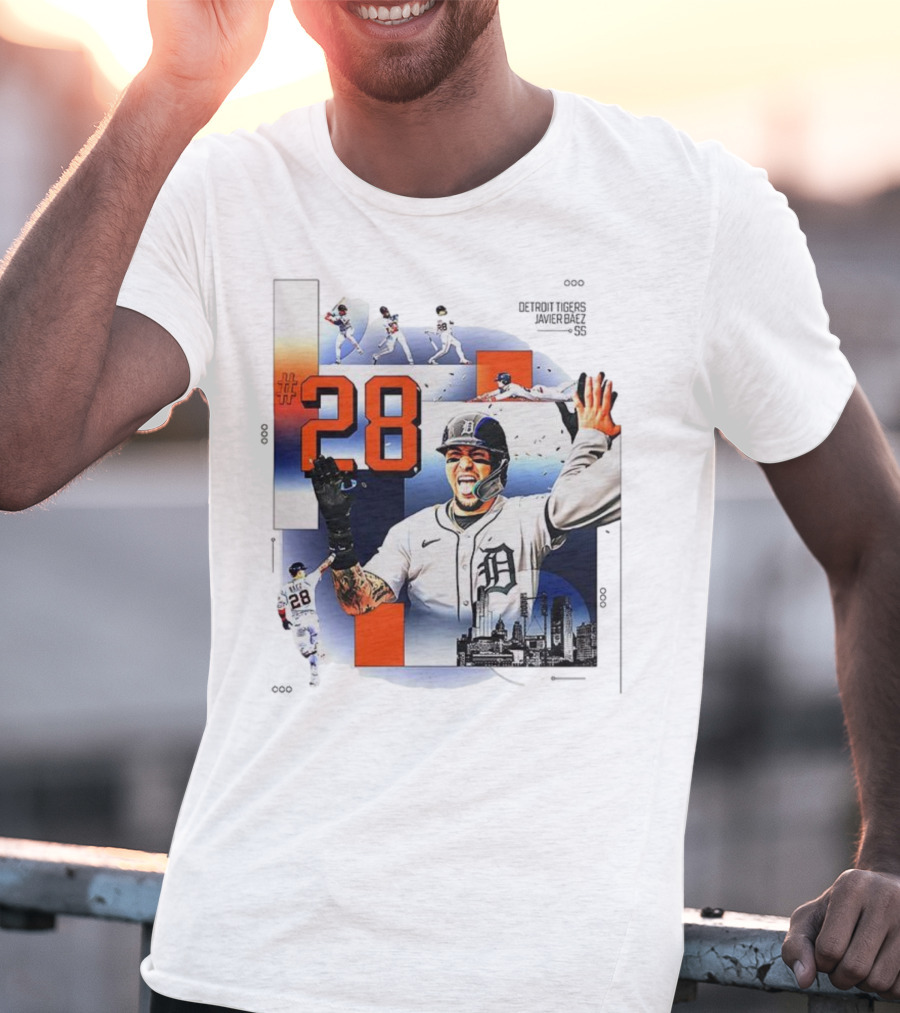 Javier Báez Detroit Tigers Number 28 Baseball Action High Five Urban Skyline T-Shirt