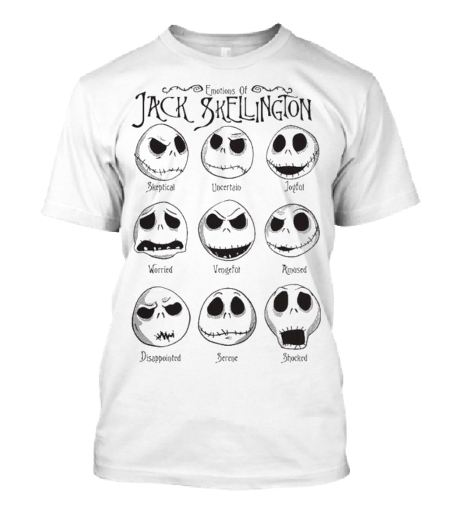 Painajainen Ennen Joulua Emotions Of Jack Skellington Surprised Skeptical Embarrassed Nervous Frustrated Panic Sad T-Shirt