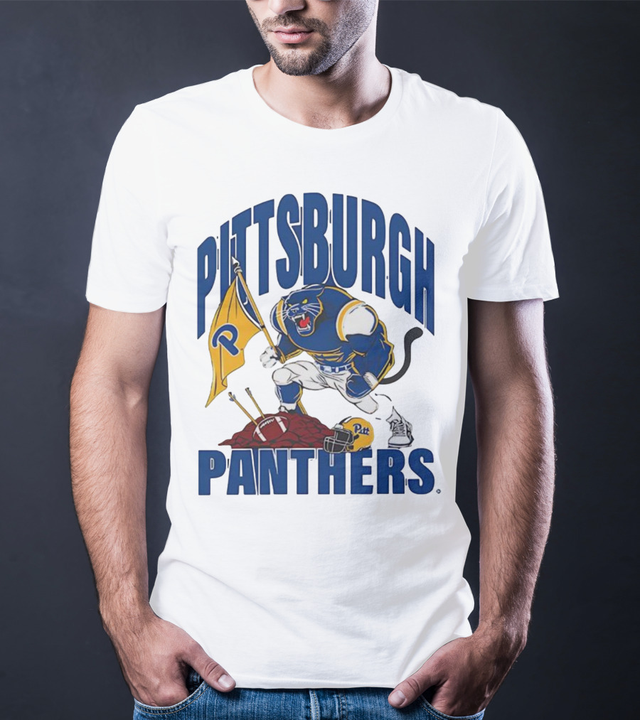 Pittsburgh Panthers Pitt Mascot Planting Flag Football Helmet T-Shirt