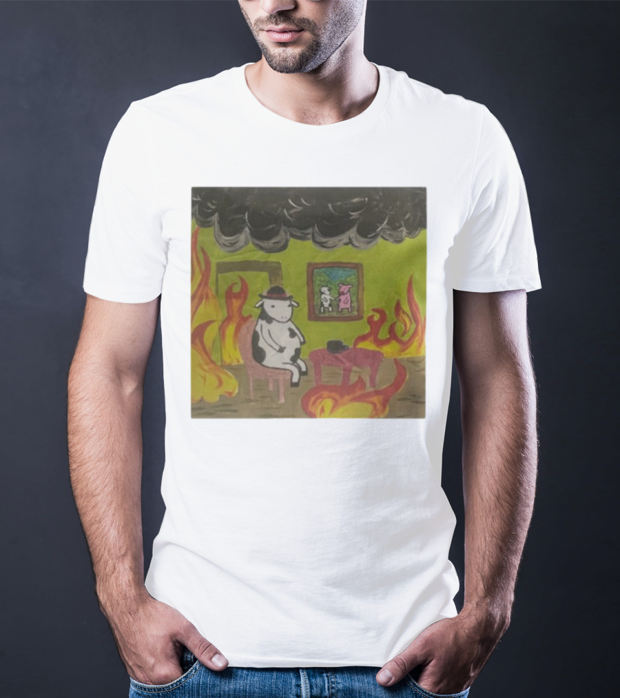 This Is Fine Cow Meme Fire Scene Surreal Humor T-Shirt