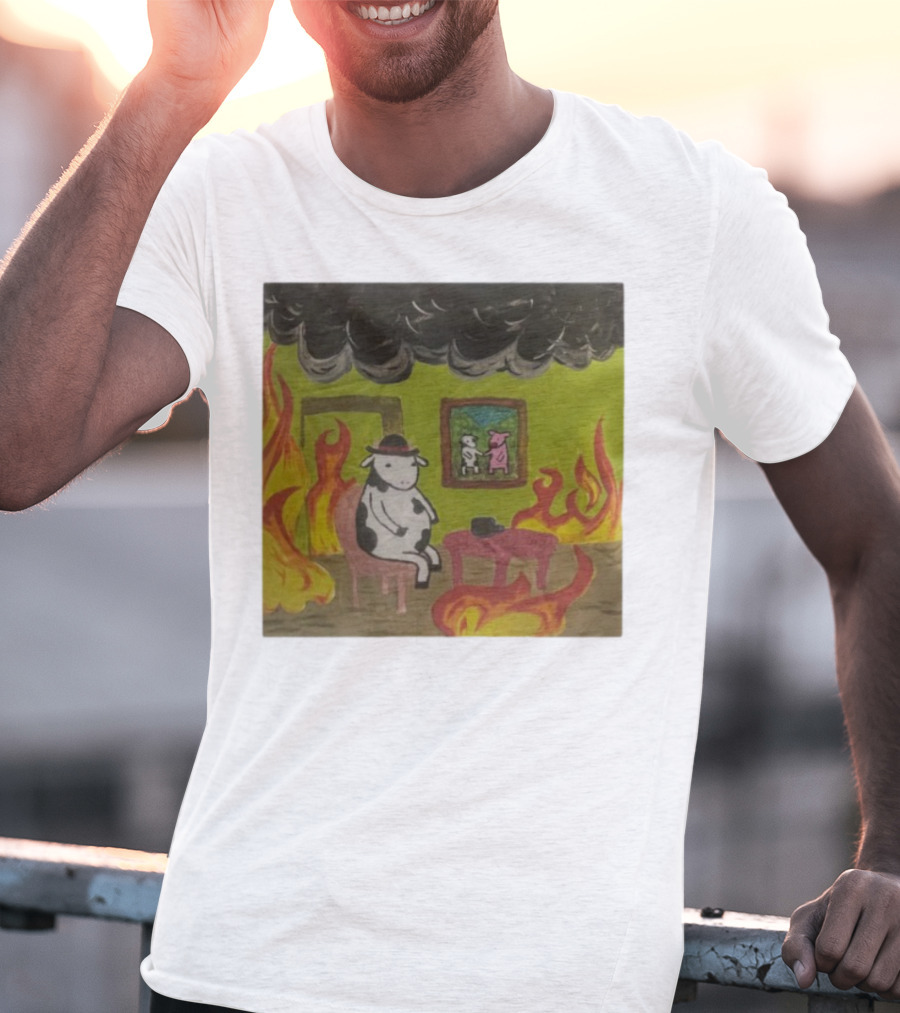 This Is Fine Cow Meme Fire Scene Surreal Humor T-Shirt