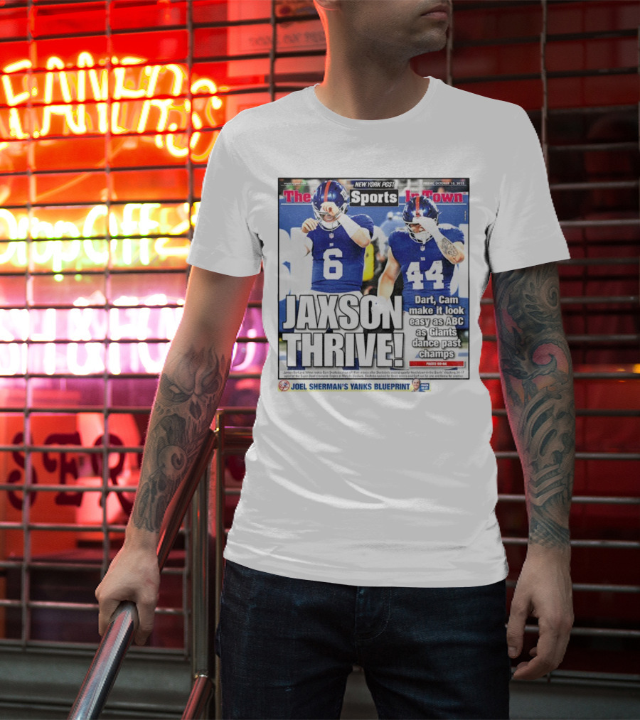 New York Post Jaxson Dart Cam Skattebo Giants Thrive Edition T-Shirt
