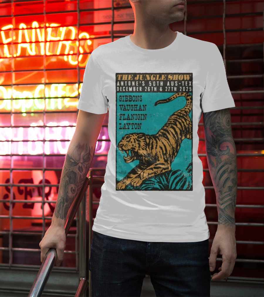 The Jungle Show Antone’s 50th Aus-Tex December 26-27 2025 Gibbons Vaughan Flanigin Layton Tiger T-Shirt