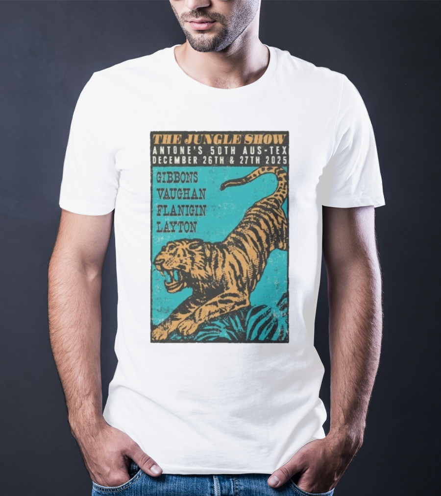 The Jungle Show Antone’s 50th Aus-Tex December 26-27 2025 Gibbons Vaughan Flanigin Layton Tiger T-Shirt